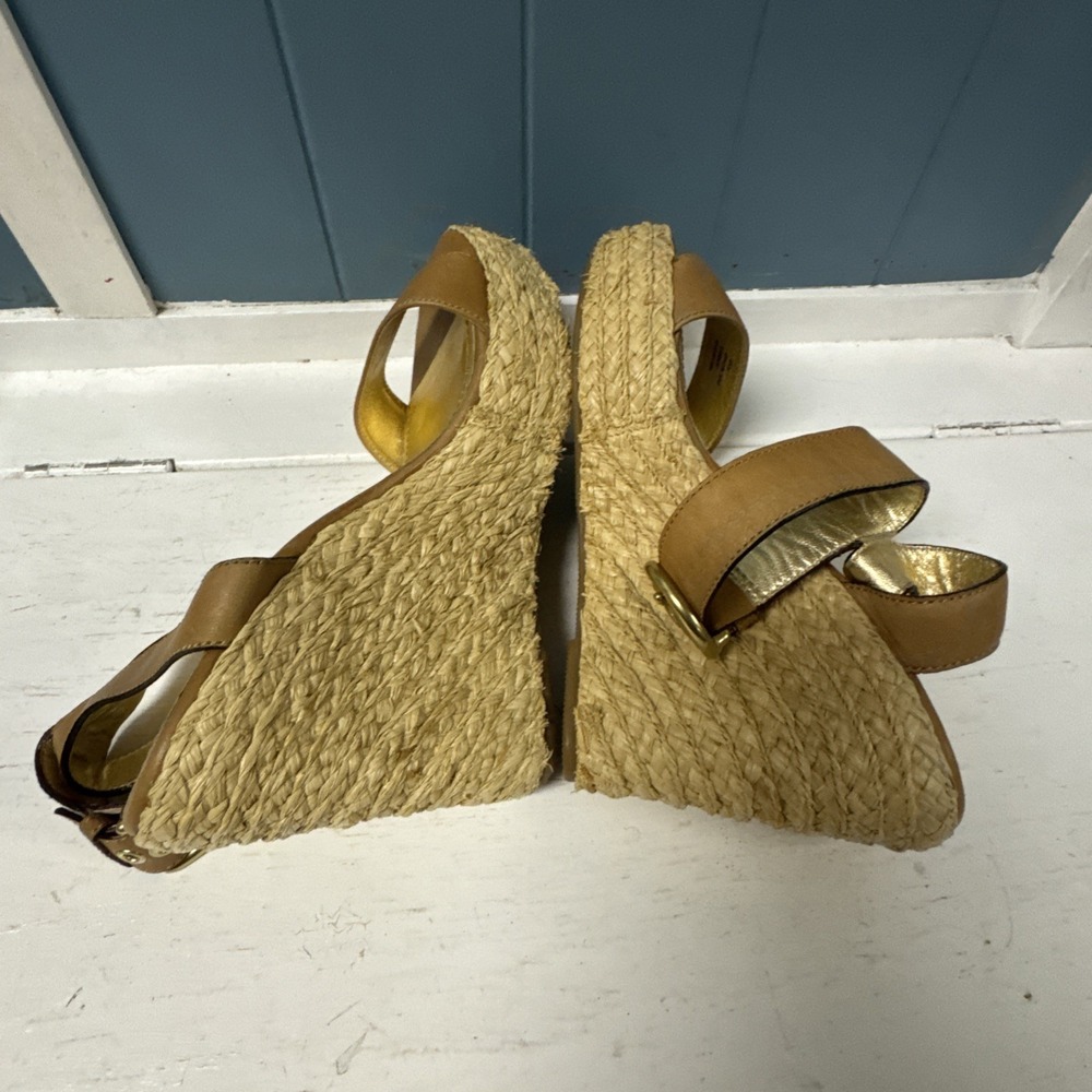 Coach Women's Size 8.5 Tan Leather Espadrille Straw Wedge Platform - Picture 10 of 11